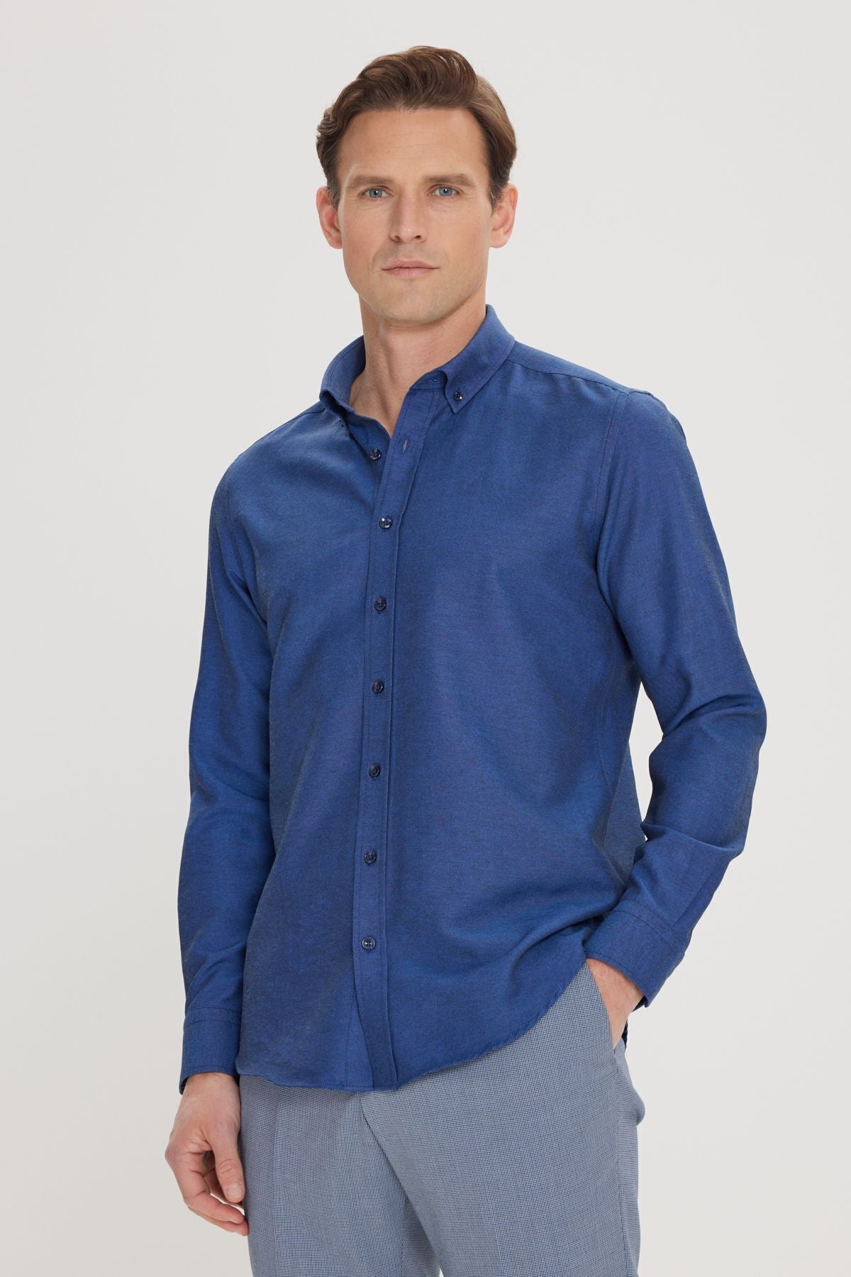 Men's Oxford Dark Navy Blue button with easy -to -ironing cotton slim fit narrow cut shirt