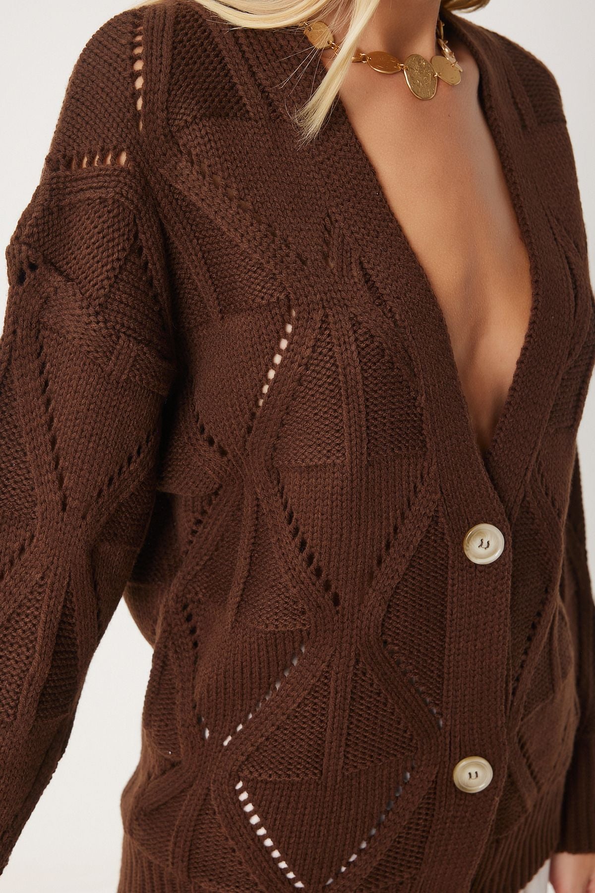 Women's brown motif knitwear cardigan xk00001