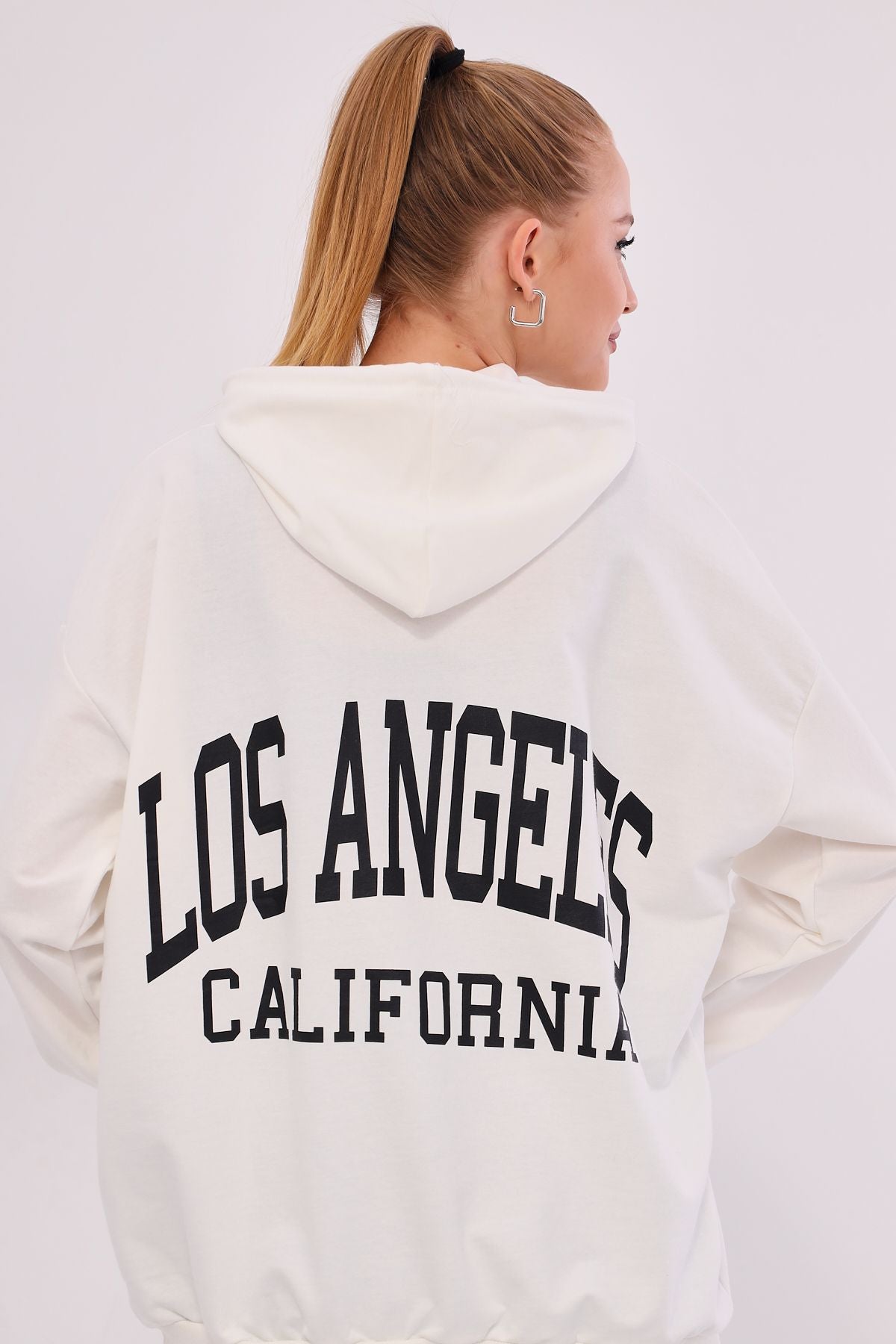 Woman White Los Angeles Printed Hooded Oversize Sweatshirt ARM-25K001026