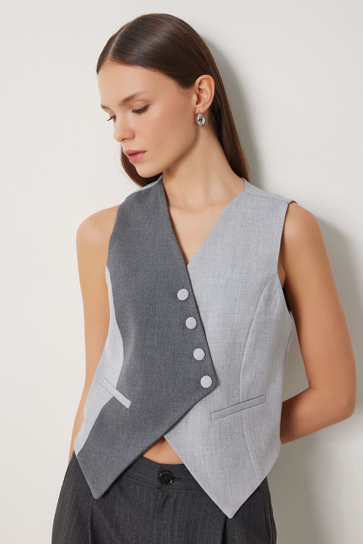 Women's Gray Anthracite Contrast Color Woven Vest GP00012