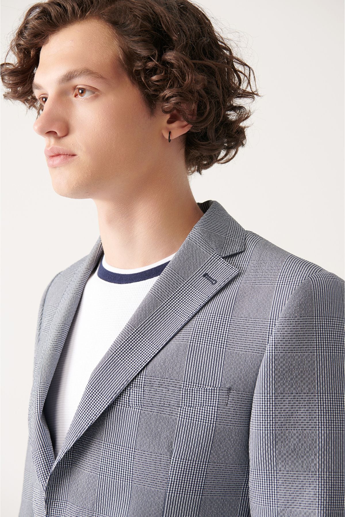 Men's Navy Blue Plaid Waiting Double Slit Jacket A31y4015