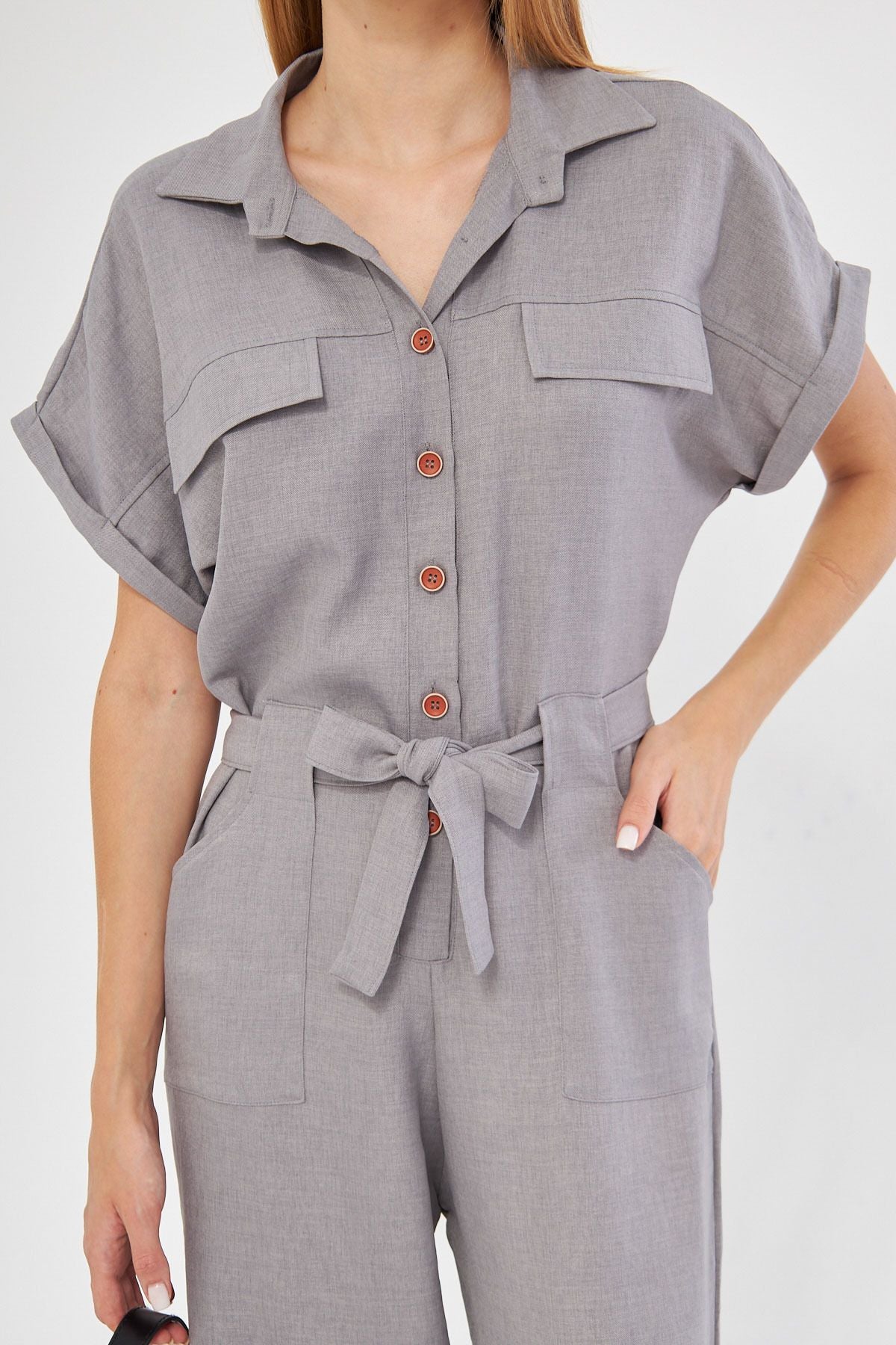 Woman Gray Front buttoned waist belt pocket bat sleeve Palazzo Tulum ARM-24Y001105