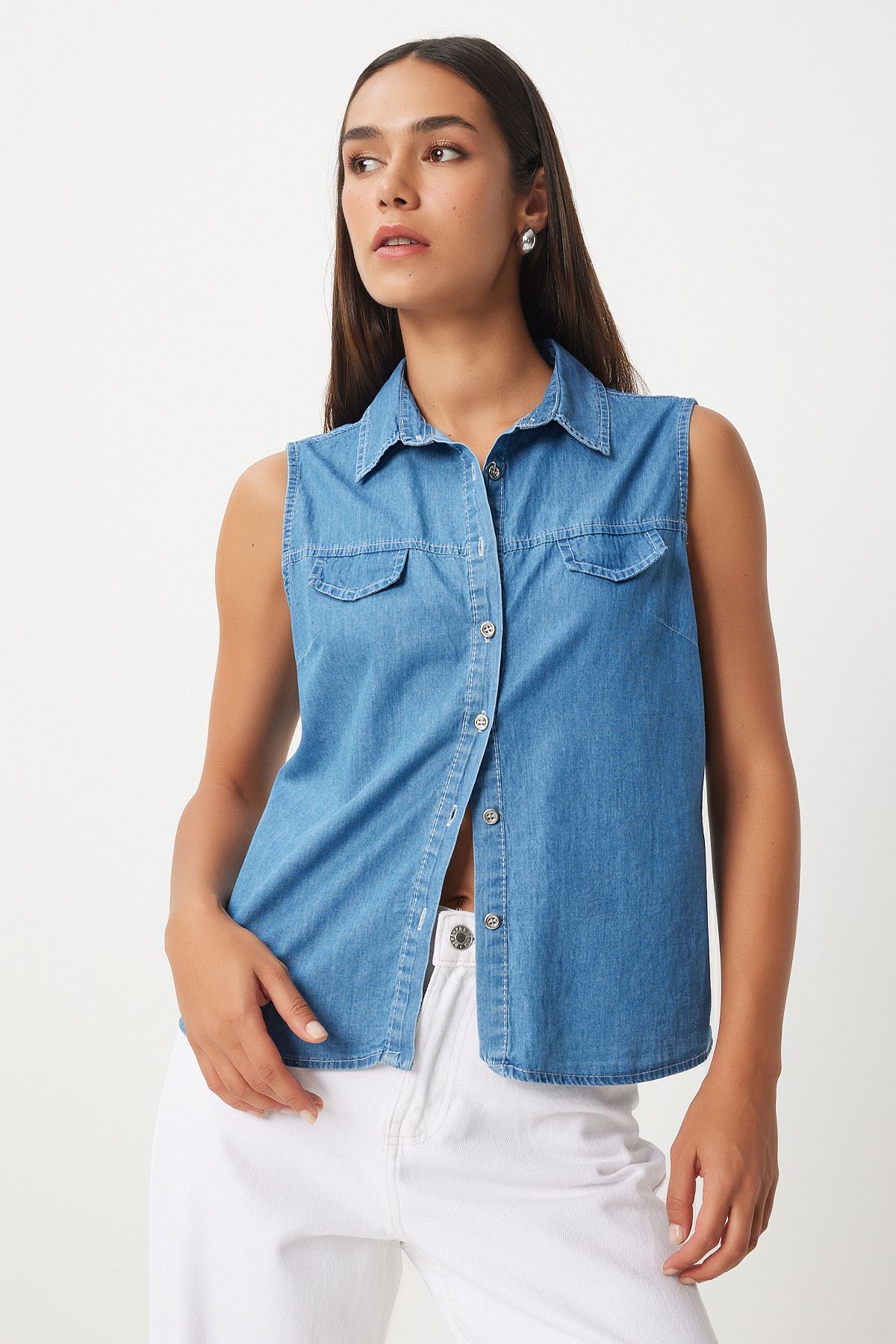 Women's Blue Pocket Cover Denim Vest DD01332