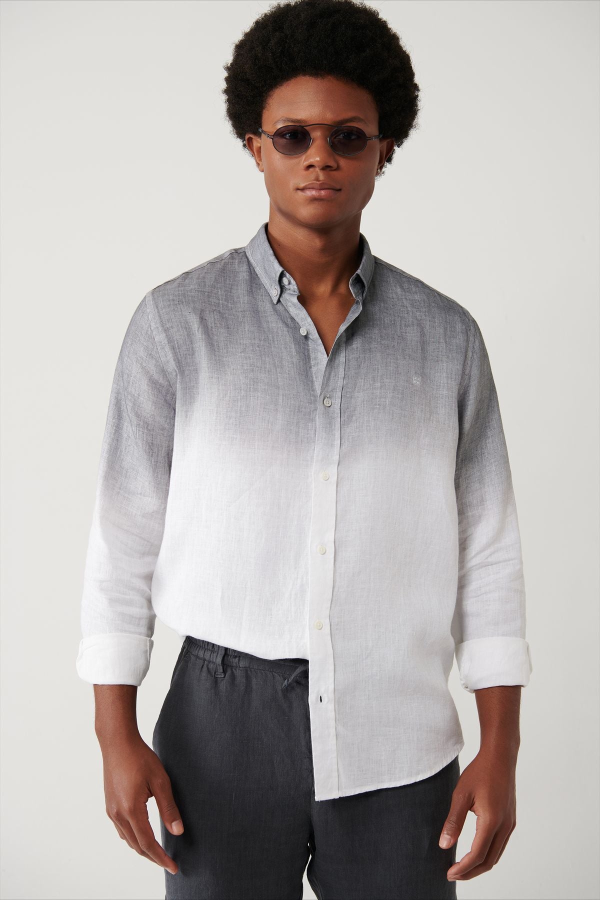 Men's black button collar 100 %linen shirt A41y2195