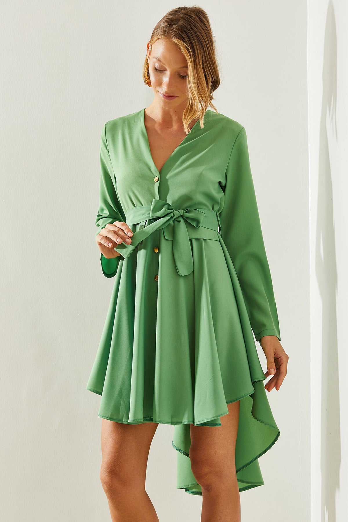 Women's Short Front Long Back V-Neck Buttoned Ornamental Pocket Detailed Belted Dress 22106 60251499