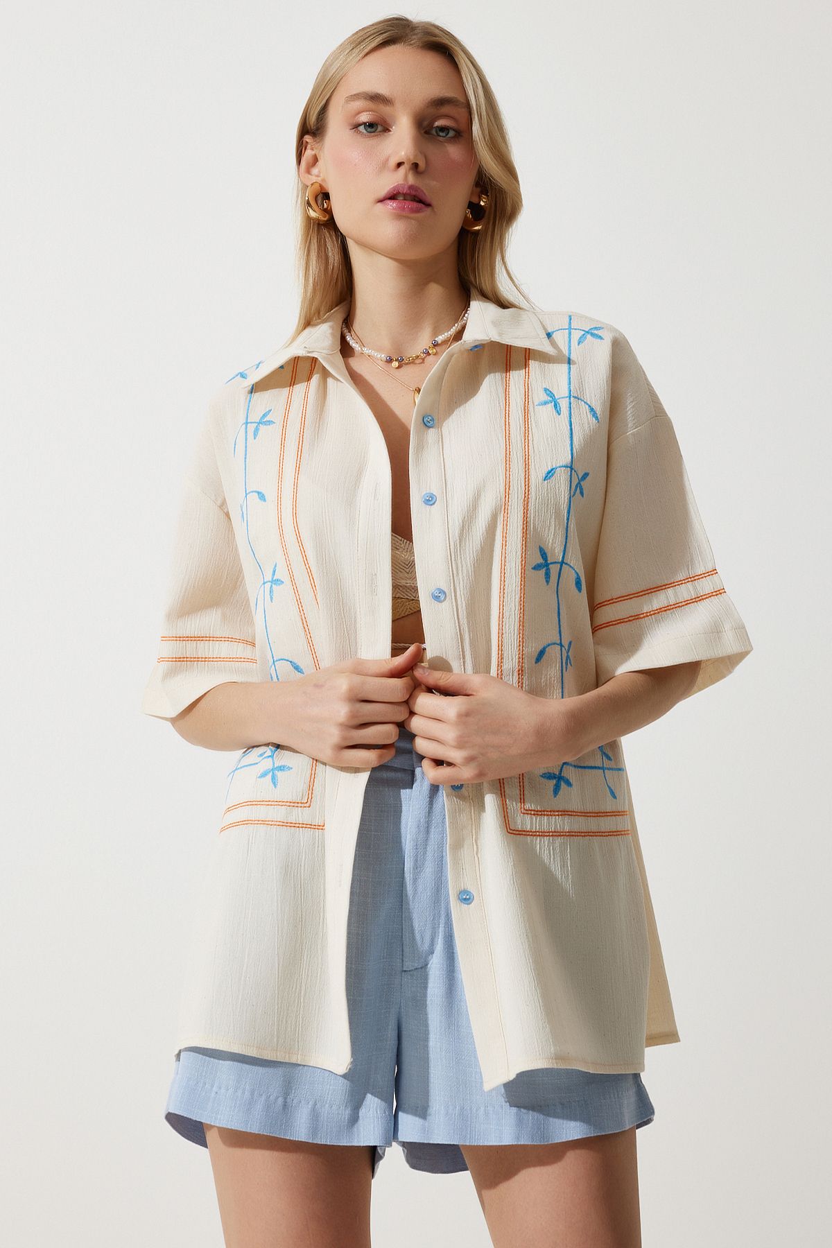 Women's Cream Embroidery Linen Shirt RG00039