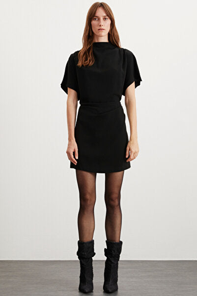 MAXINE Women's Drape Detailed, Off-the-Shoulder, Flexible Crepe Knitted Fabric Mini Black Dress Sitting From The Waist Down