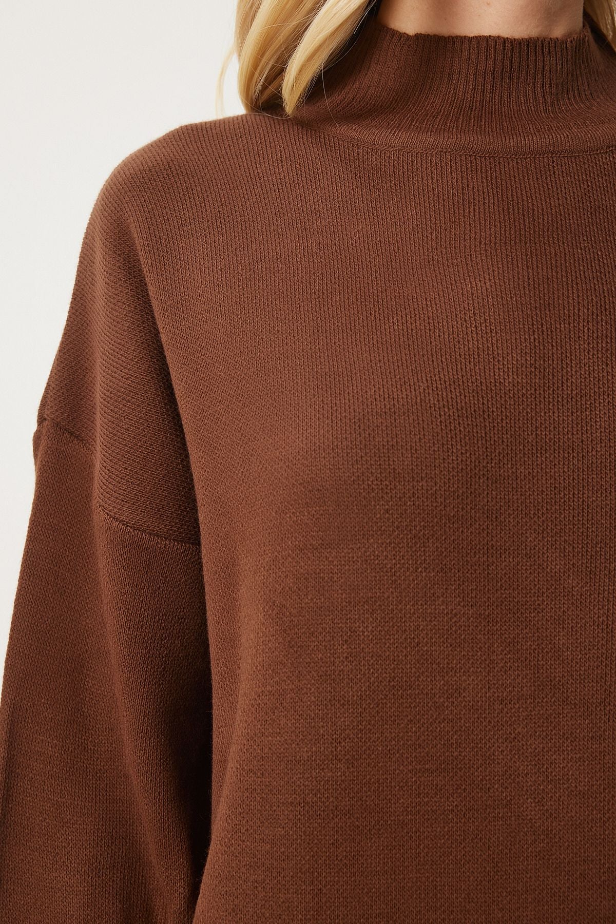 Female brown fisherman collar long knitwear dress DD01344
