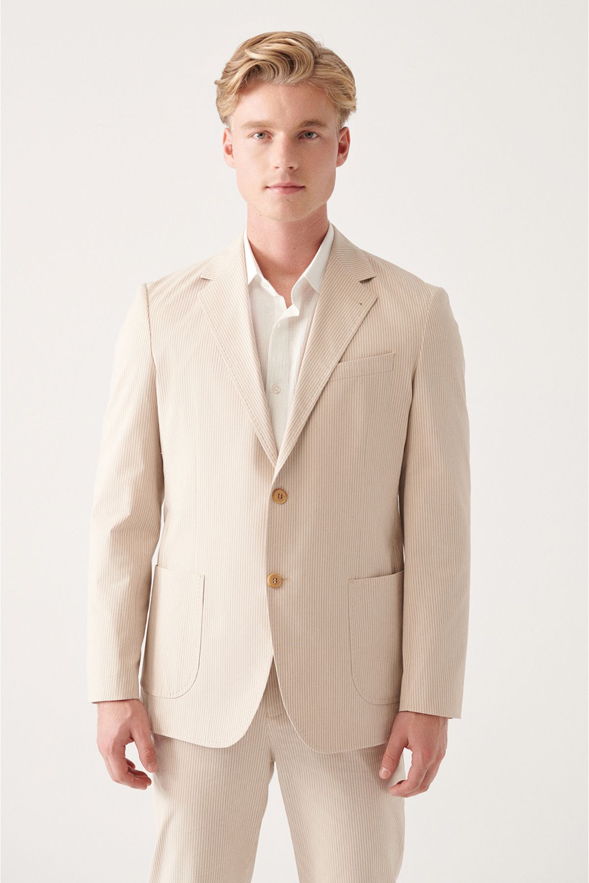 Men's Beige Lined Cotton Mixed Double Slit Jacket A31y4006