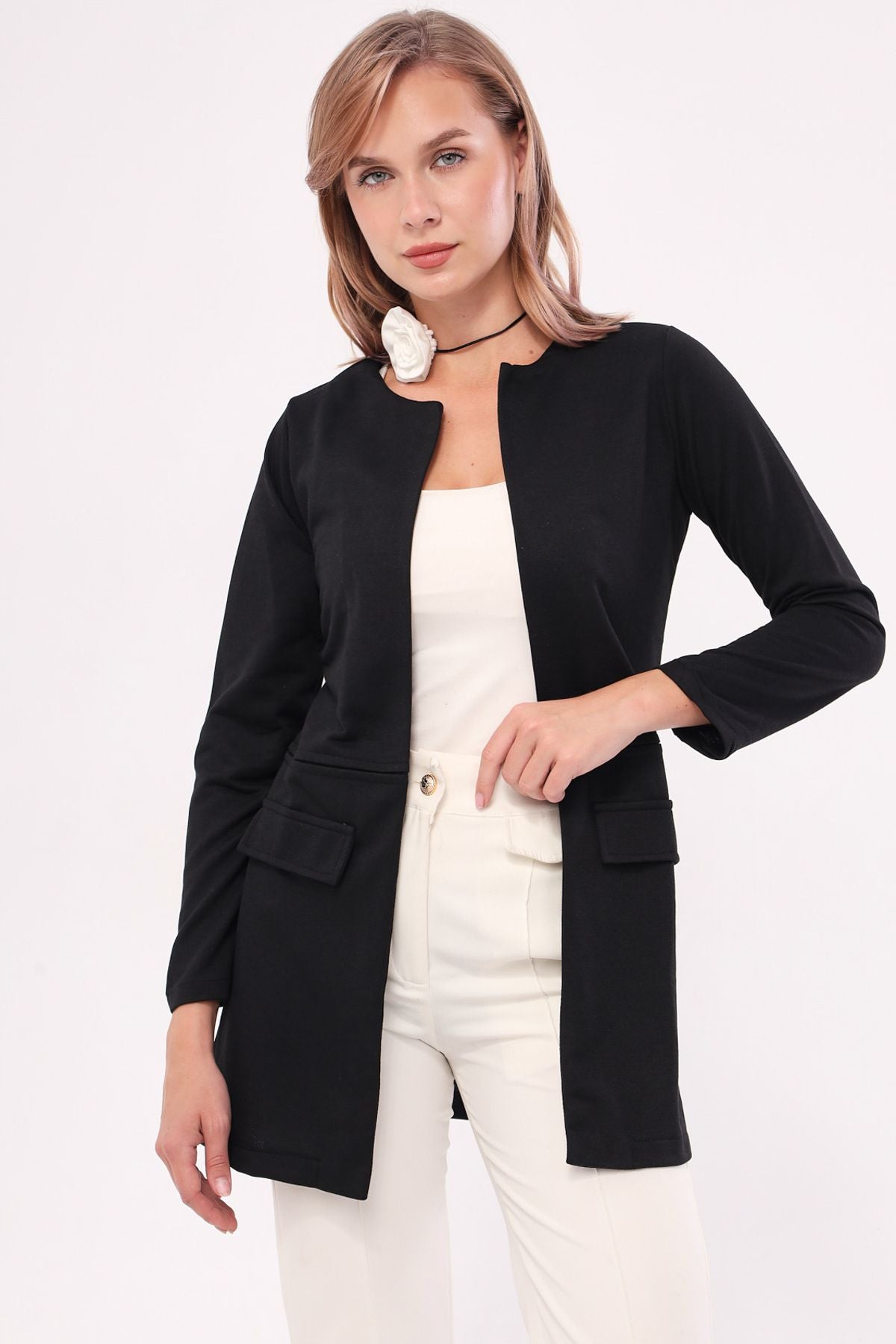 Women's black waist stitched long jacket ARM-20K001021