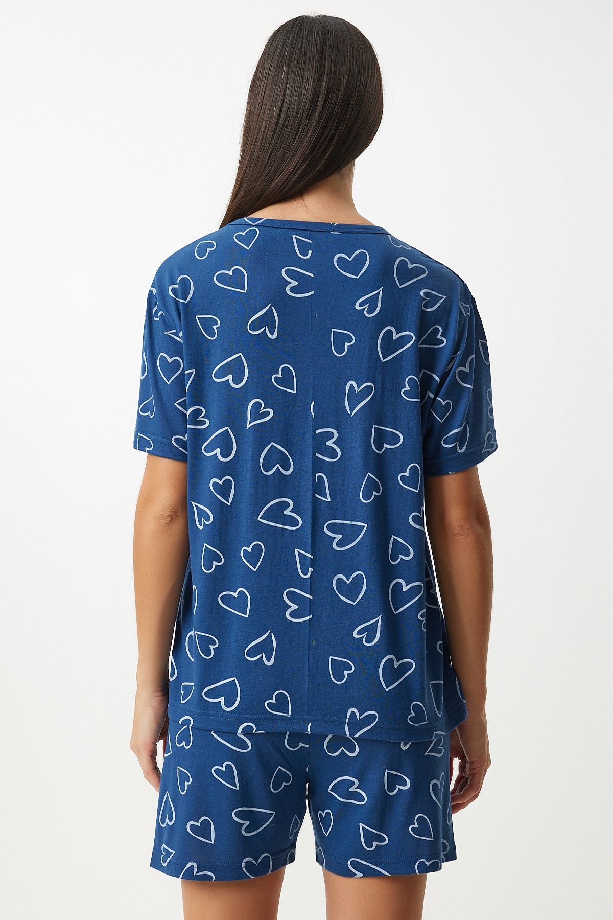 Female navy blue patterned viscose shorts T-shirt pajama set EC00045