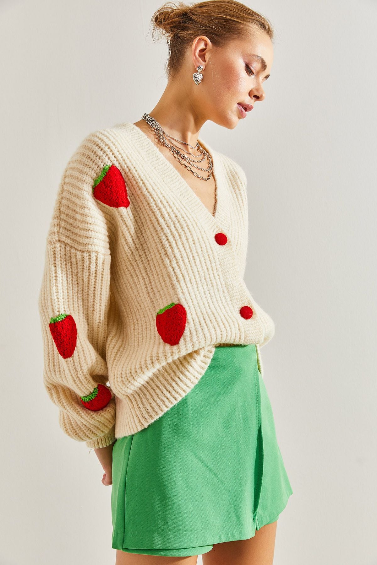 Woman strawberry button knitwear cardigan