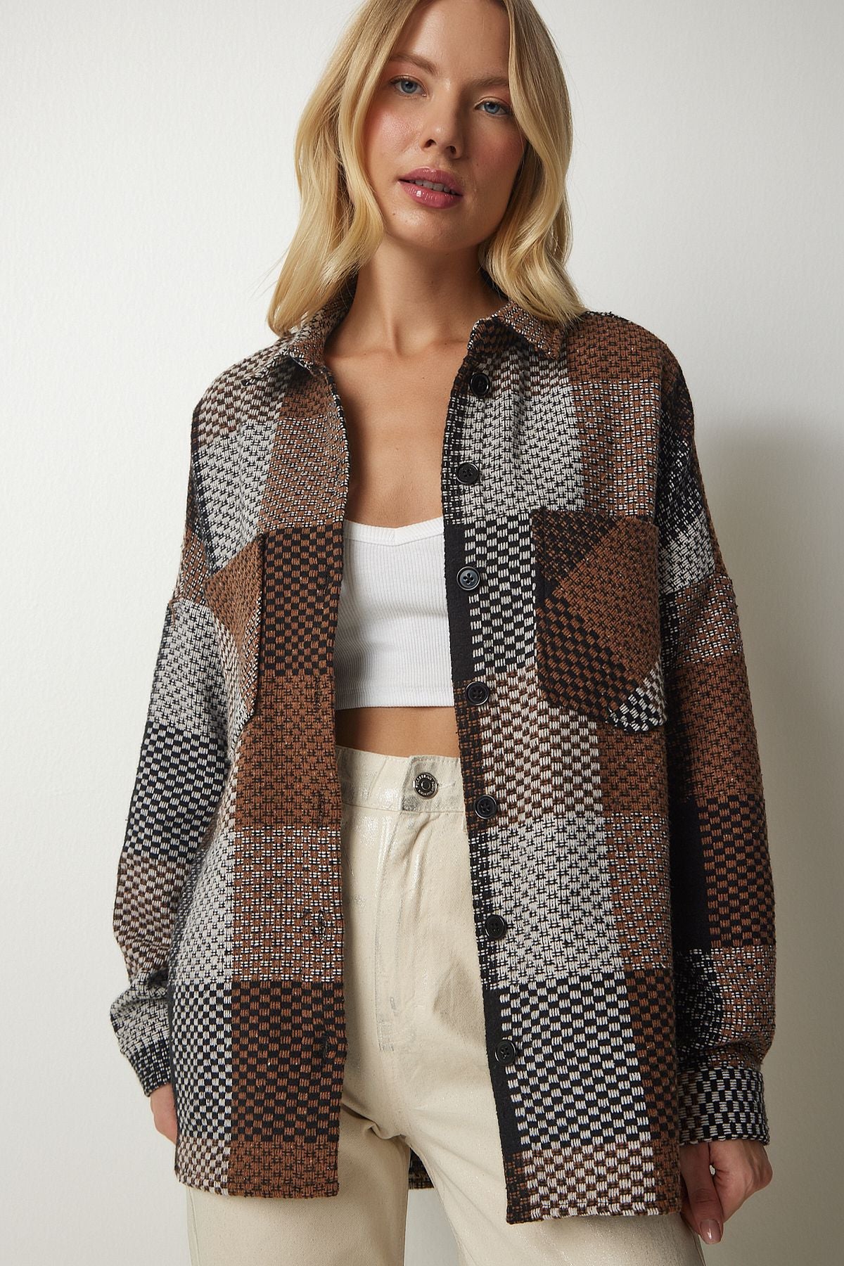 Female brown ecru patterned over the stamp stamp wood shirt tu00034