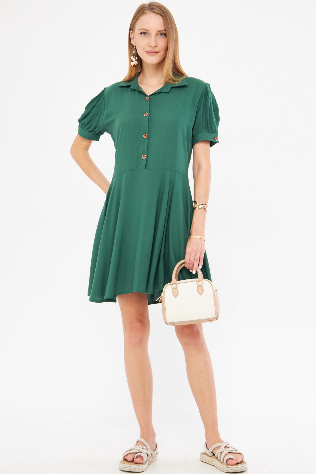 Woman Dark Green Shirt collar arm Slip Detailed Watermelon Sleeve Dress ARM-24Y001083