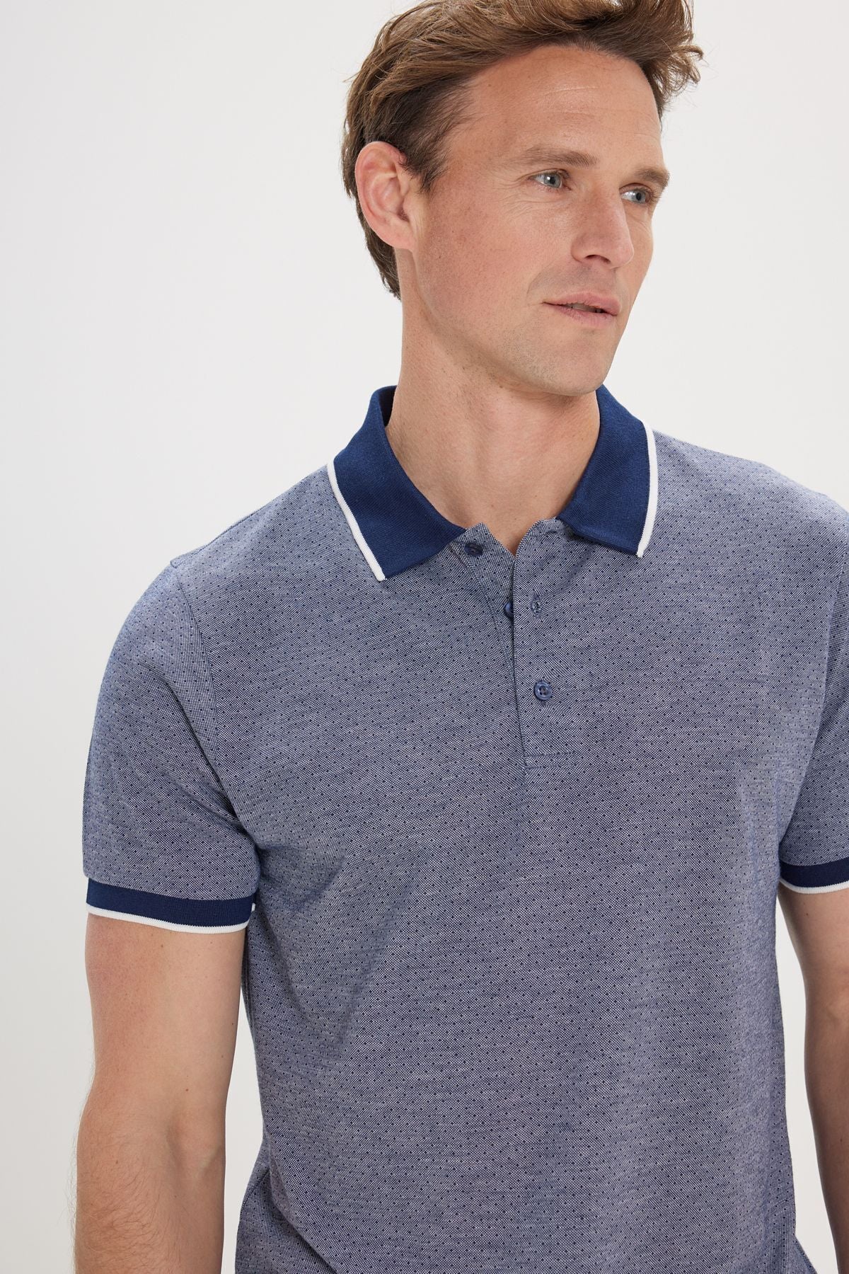 Men's navy blue slim fit narrow cut Polo Yaka Jacquard T -shirt