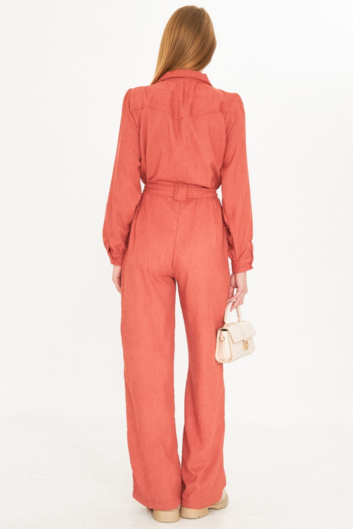 Female salmon with front buttoned pocket belt velvet overalls ARM-25K001084