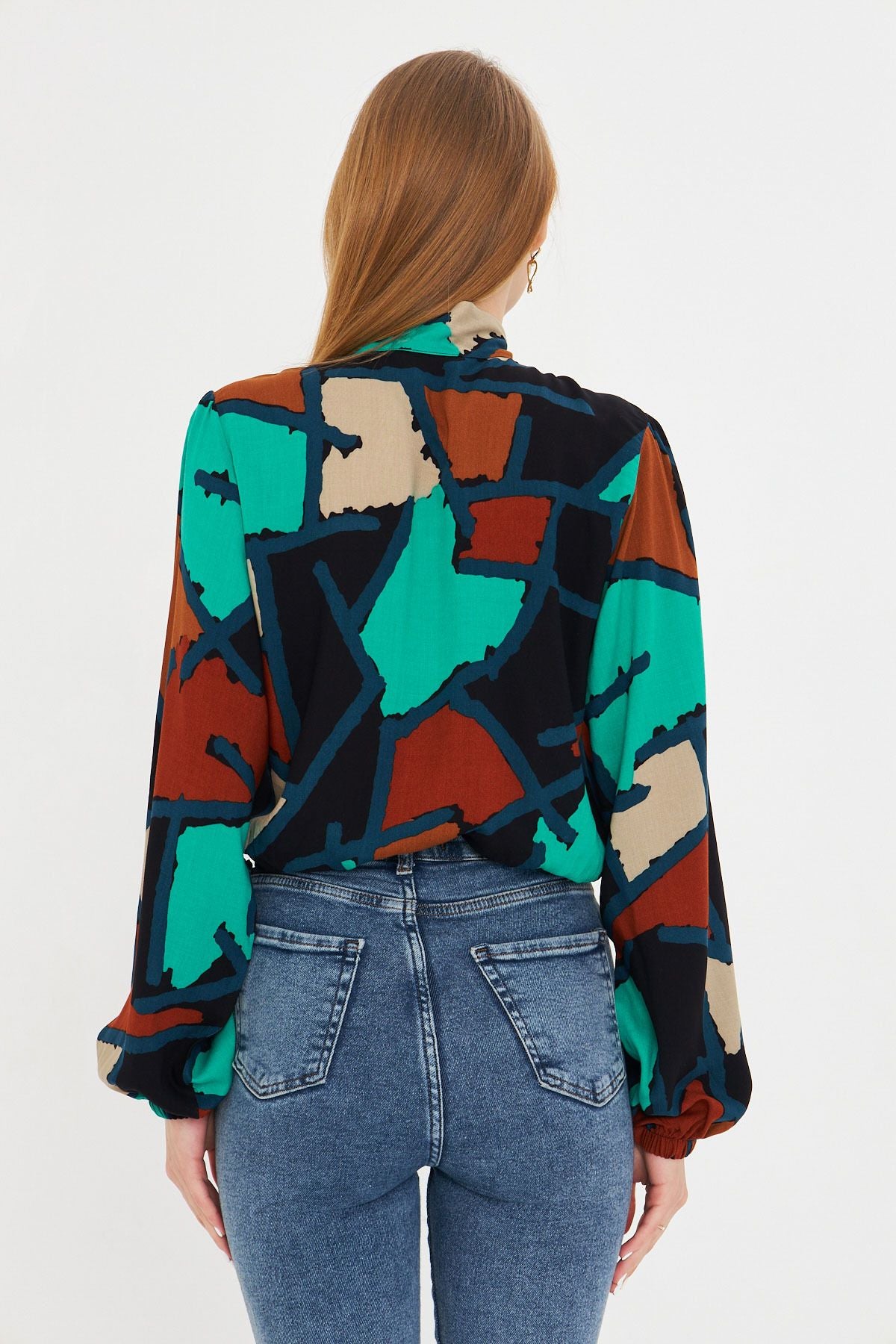 Female turquoise collar connecting arm tire blouse ARM-25K001096