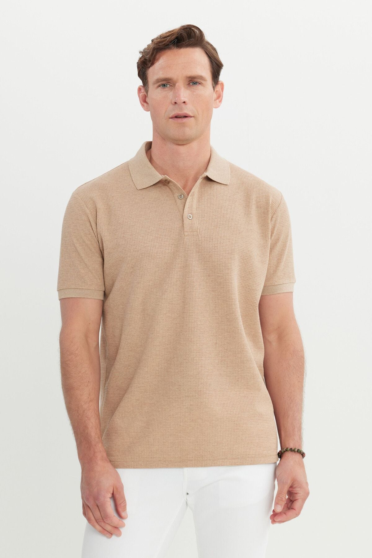 Men's Beige Cotton Standard Fit Normal Cut Patterned Polo Yaka T -shirt