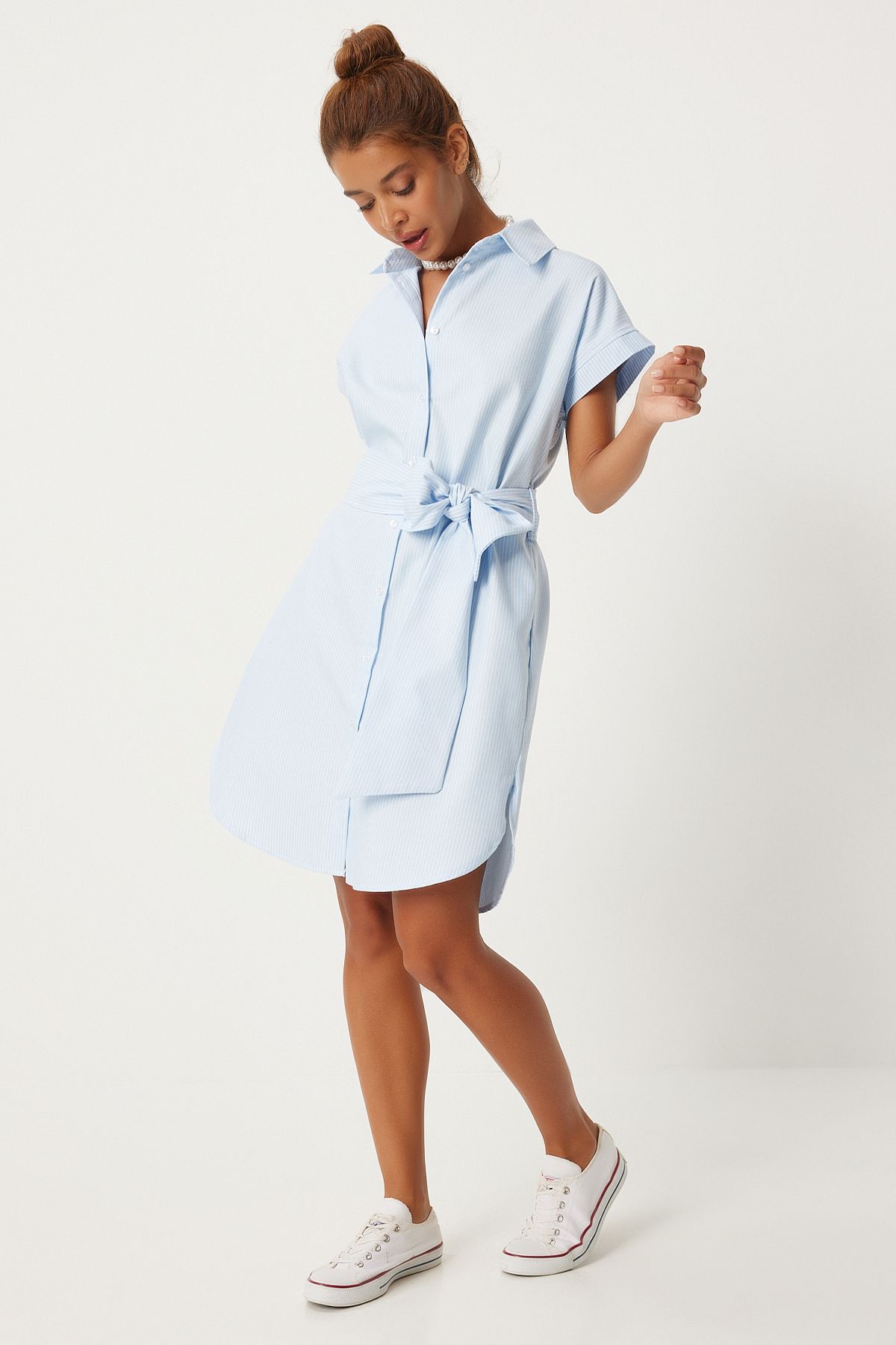 Woman Blue White Belt Striped Shirt Dress FN03252