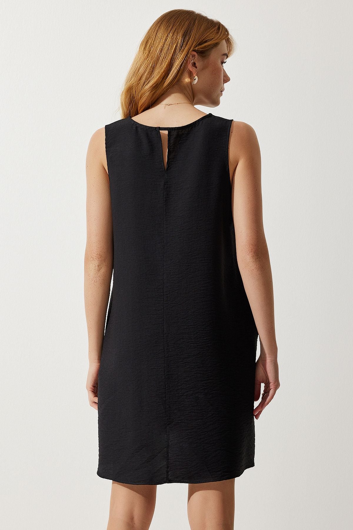 Female black sleeveless linen viscose bell dress jh00005