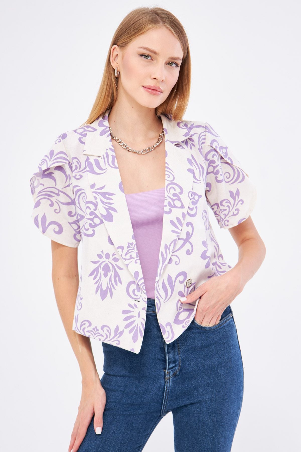 Woman Lilac Flax Looking Patterned Band Slit Crop Short Sleeve Jacket ARM-24Y001095