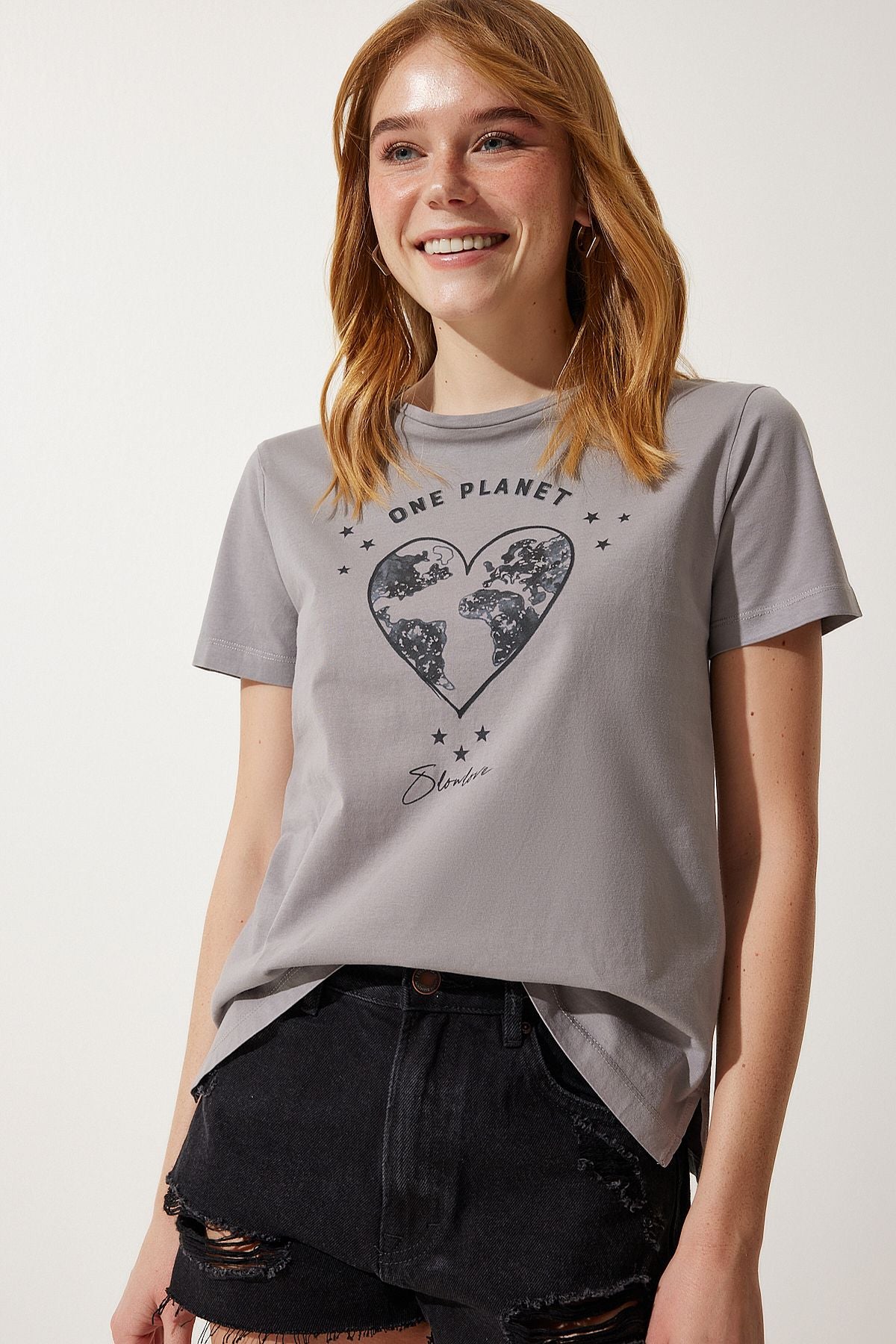 Women's Gray Printed Knitting T-Shirt Wo00035