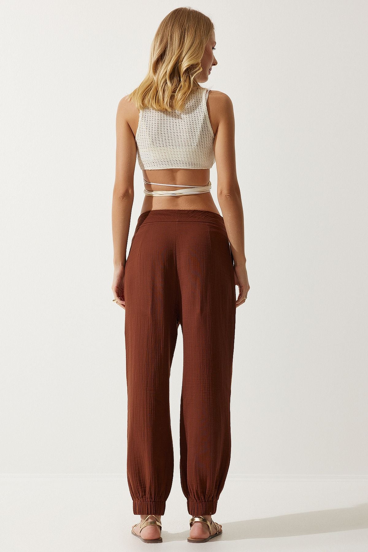 Female Brown Embroidery Detailed Müslin Pants SF00019