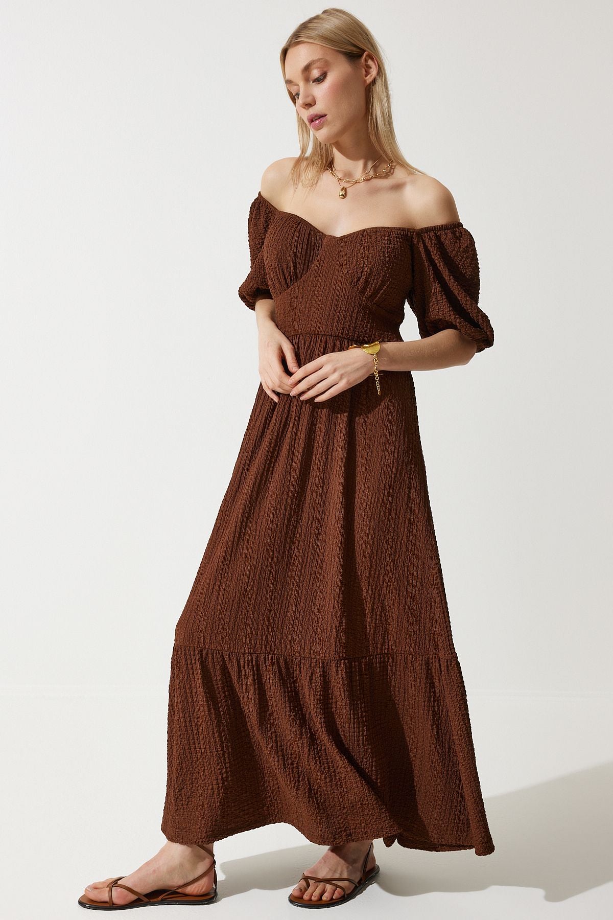 Female Brown Heart Collar textured summer knitted dress ub00050