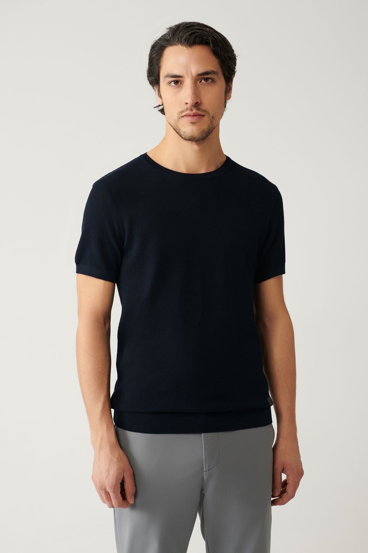 Men's dark navy blue knitwear t-shirt bike collar textured cotton regular fit E005027