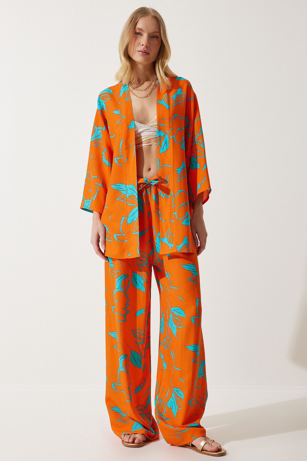 Women's Sky Blue Orange Patterned Kimono Palazzo Pants Set EN00614