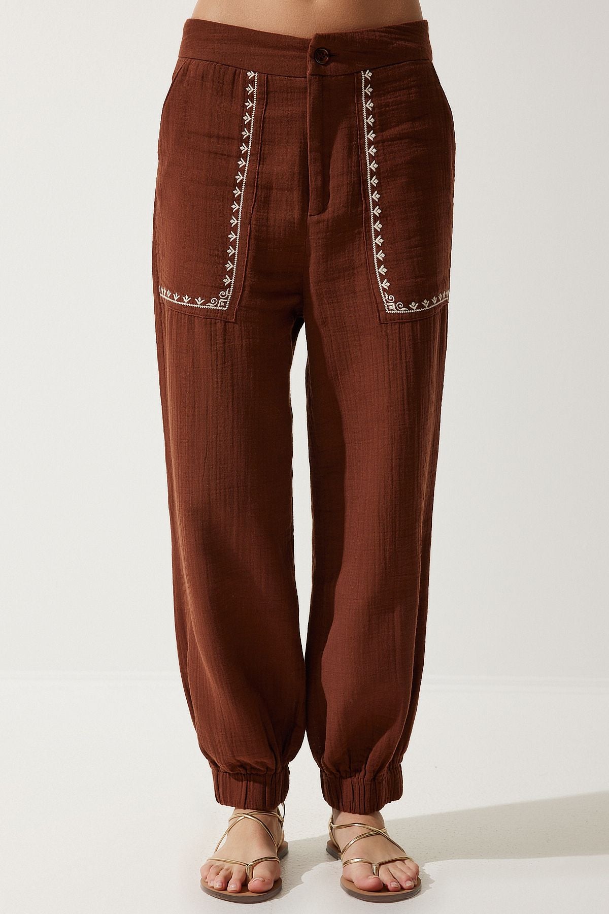 Female Brown Embroidery Detailed Müslin Pants SF00019