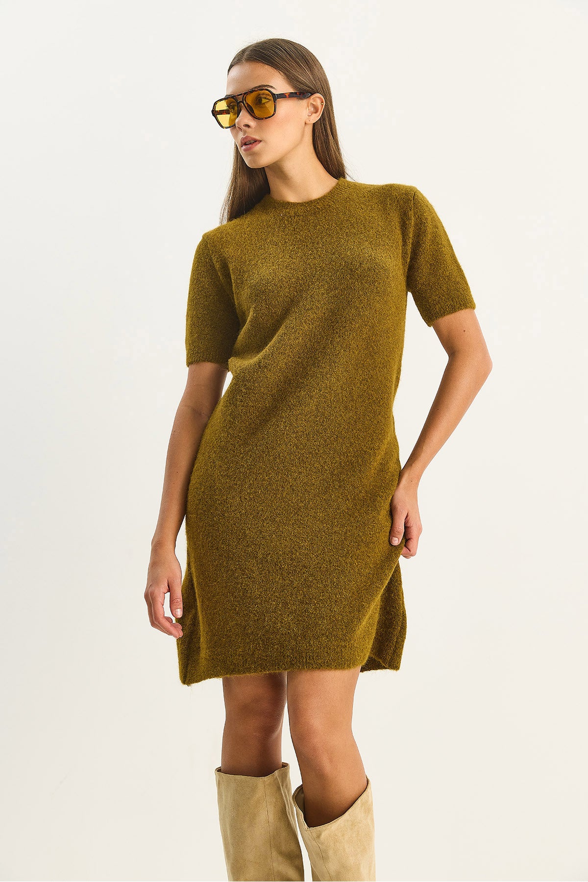 Women's Crew Neck Short Sleeve Soft Textured Knitwear Dress 2515 60283682