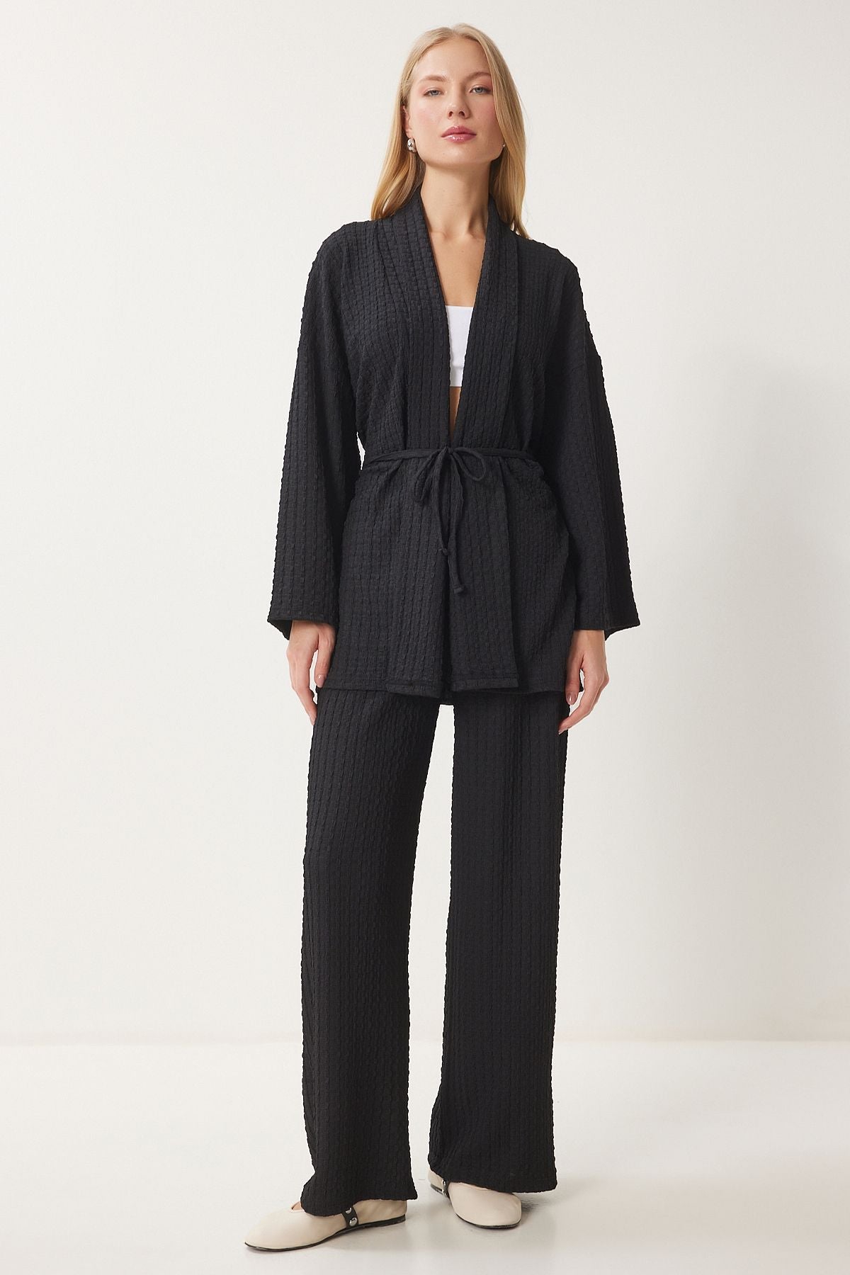 Women's black textured kimono pants knitting set an00217