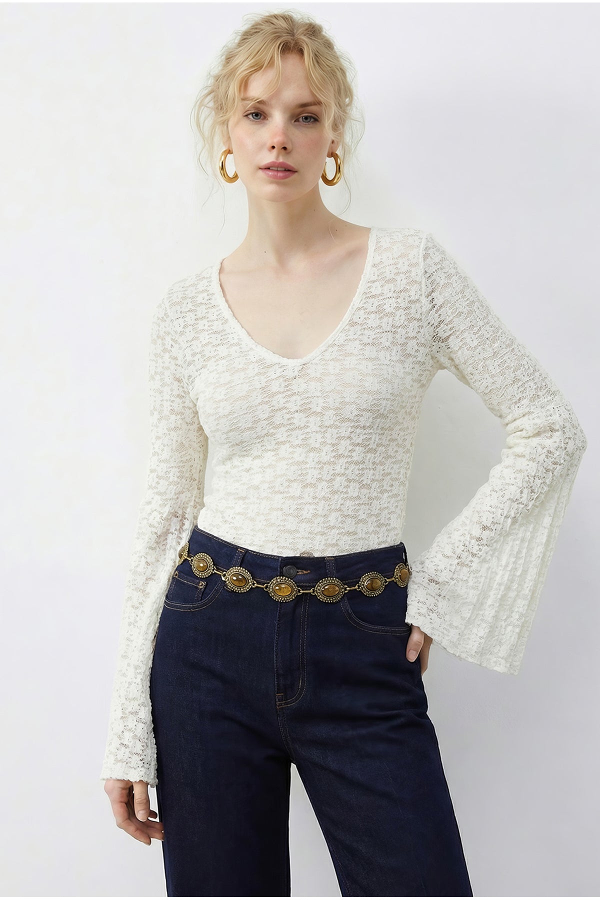 Women's V-Neck Pleat Detailed Spanish Sleeve Transparent Lace Blouse 1051 60283938