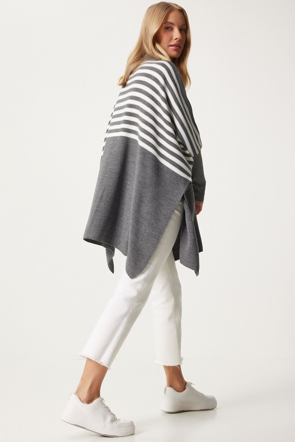 Women's gray striped side slit overlawing poncho sweater DD01336