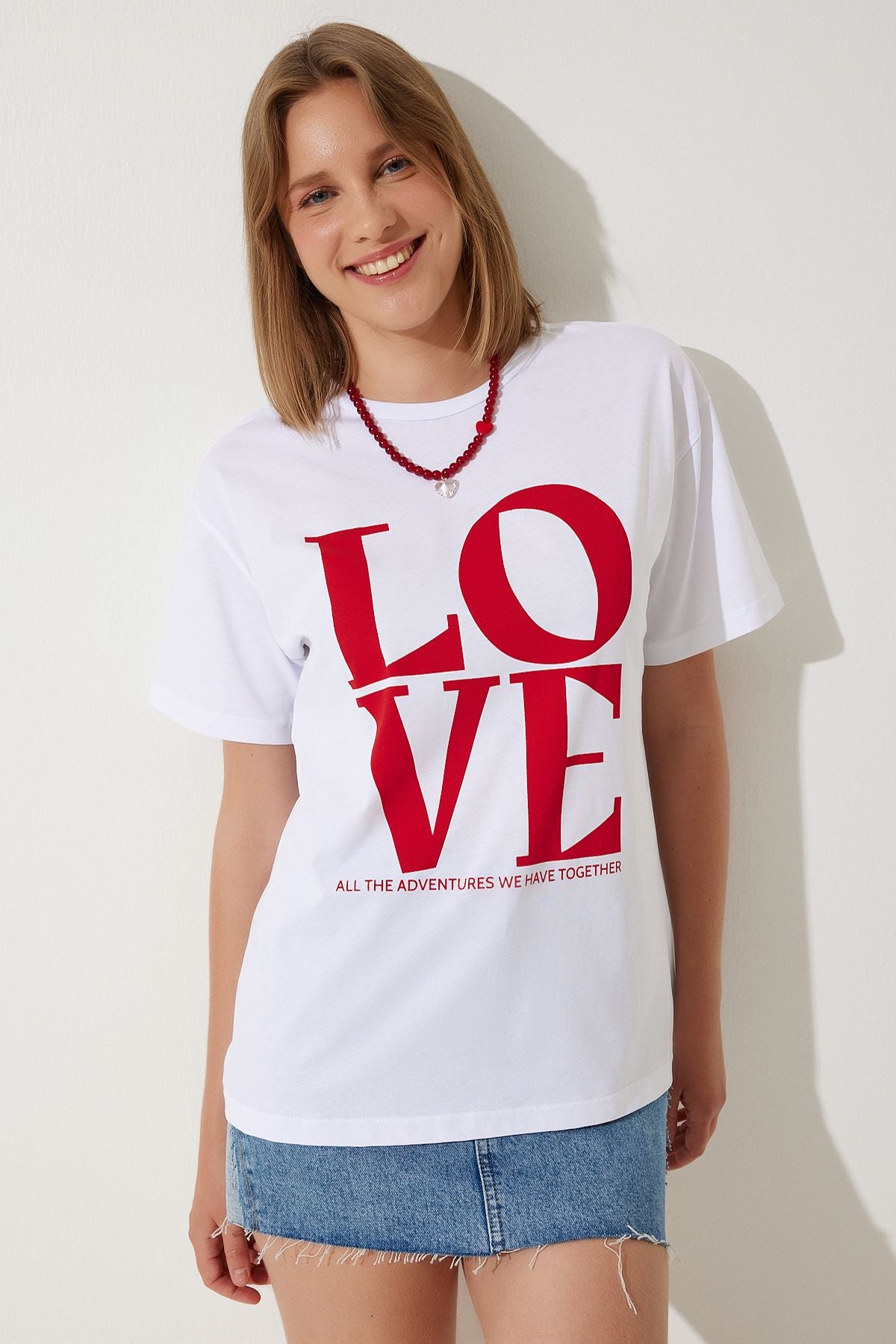 Kadın Beyaz Baskılı Oversize Pamuklu T-Shirt NJ00150