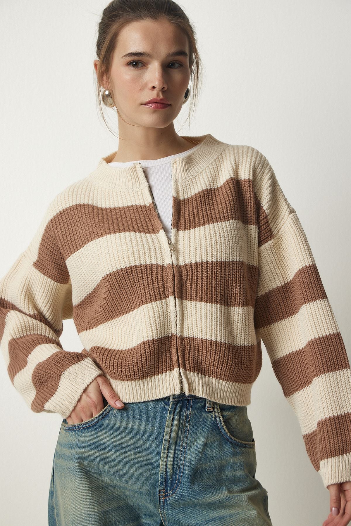 Women's Cream Biscuit Zippered Triko Cardigan MC00246