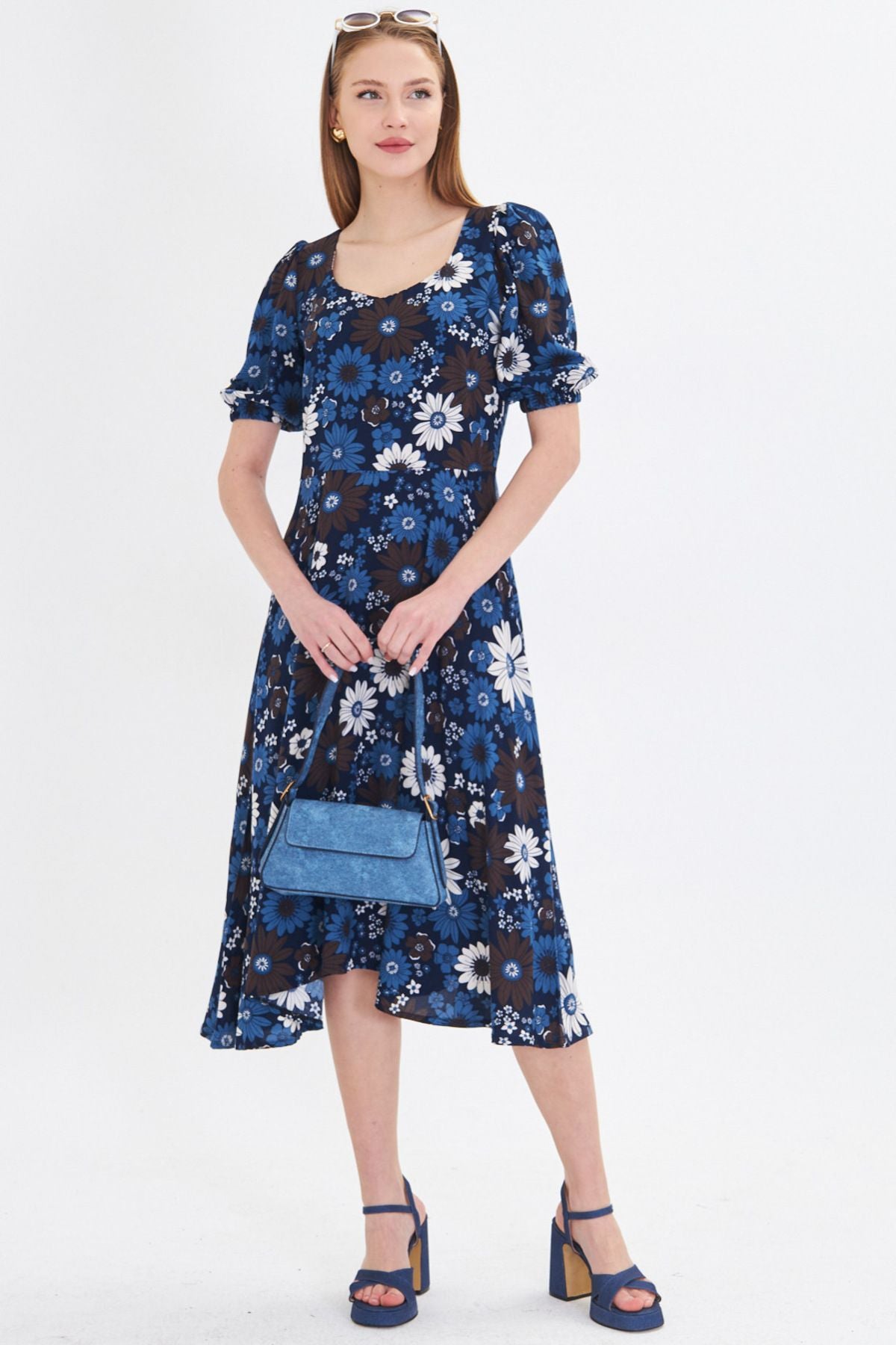 Women's Blue U Neck Arms with rubber midi height height dress ARM-25Y001004