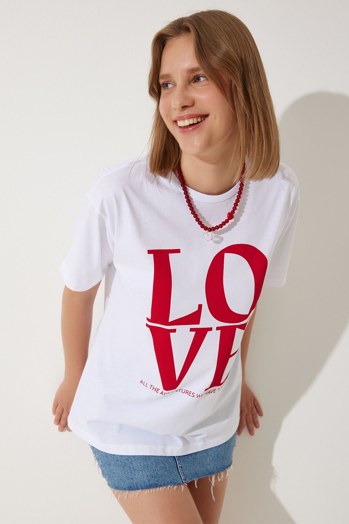 Kadın Beyaz Baskılı Oversize Pamuklu T-Shirt NJ00150