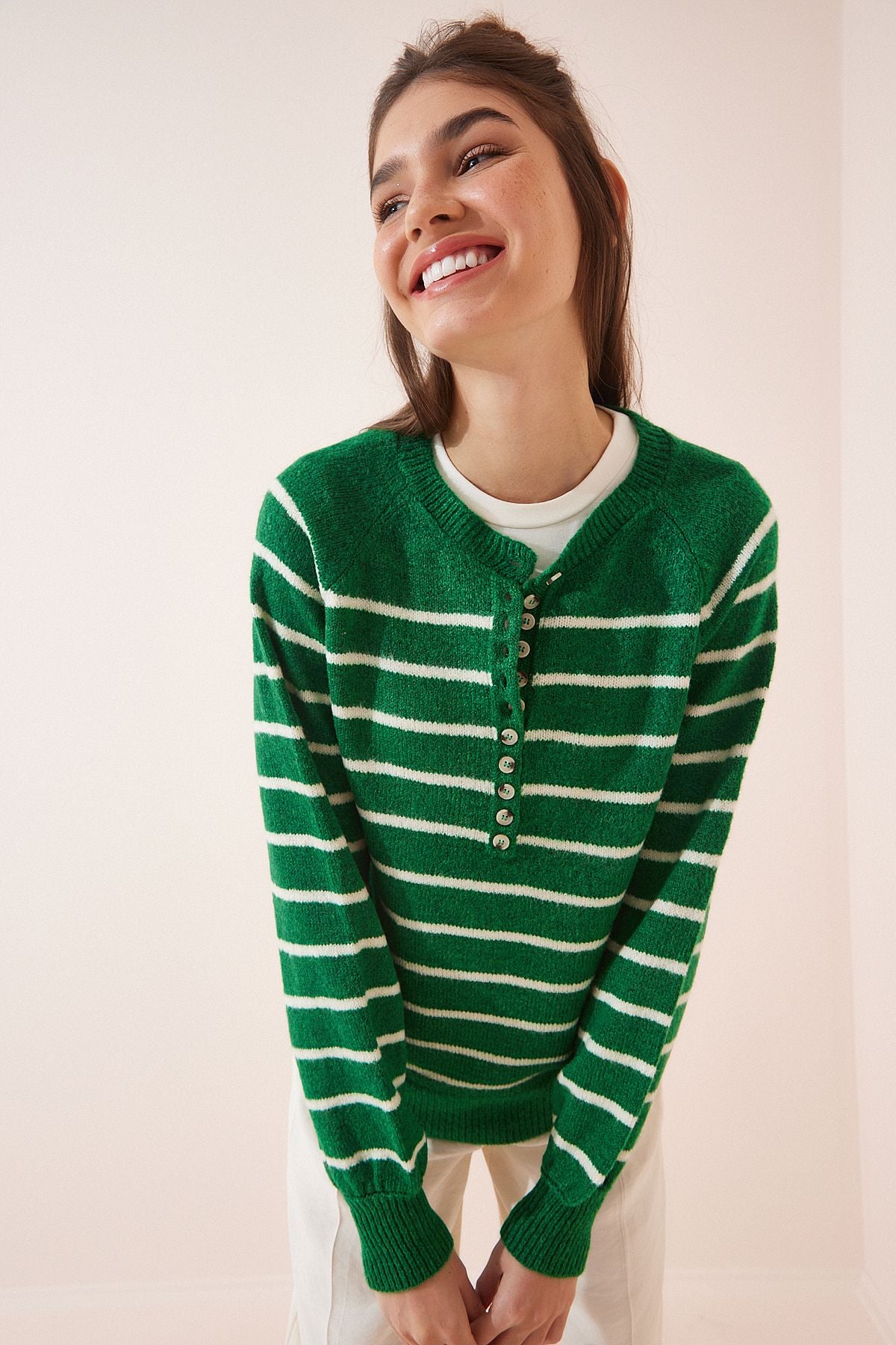 Buttoned collar knitwear sweater green llx0002