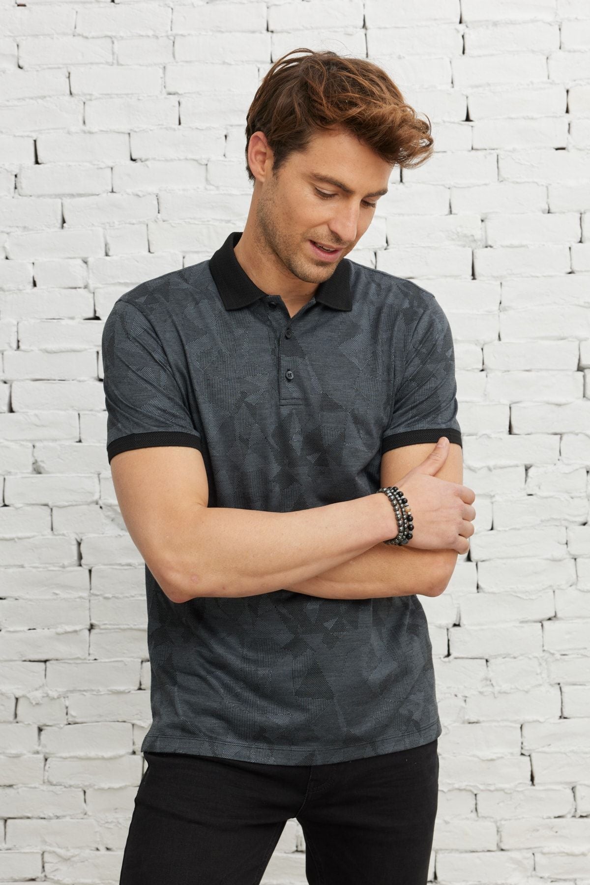 Slim fit narrow cut Polo Yaka Jacquard T -shirt