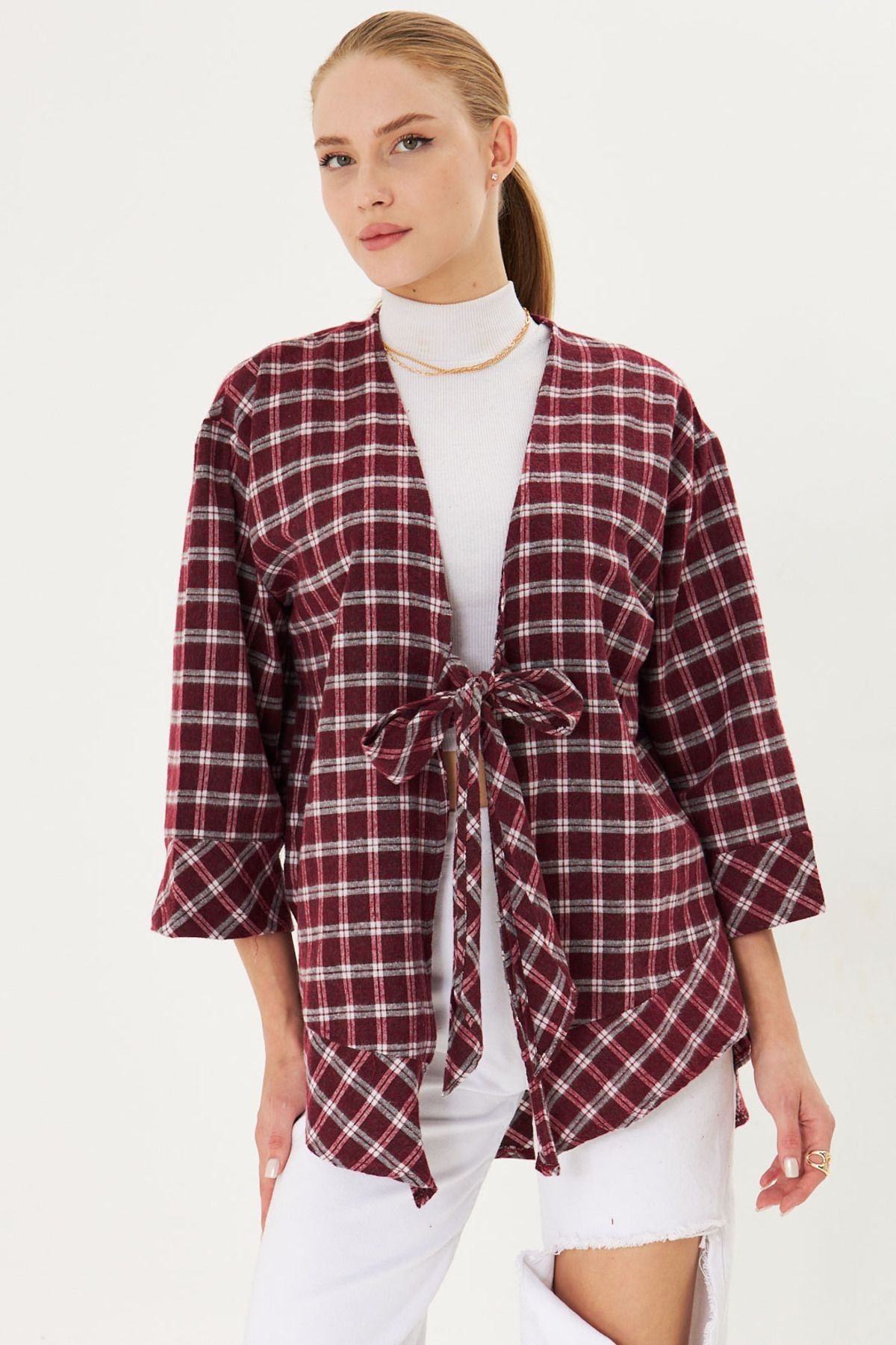 Women Bordeaux-White front connecting Eco Kimono Shirt ARM-25K001017