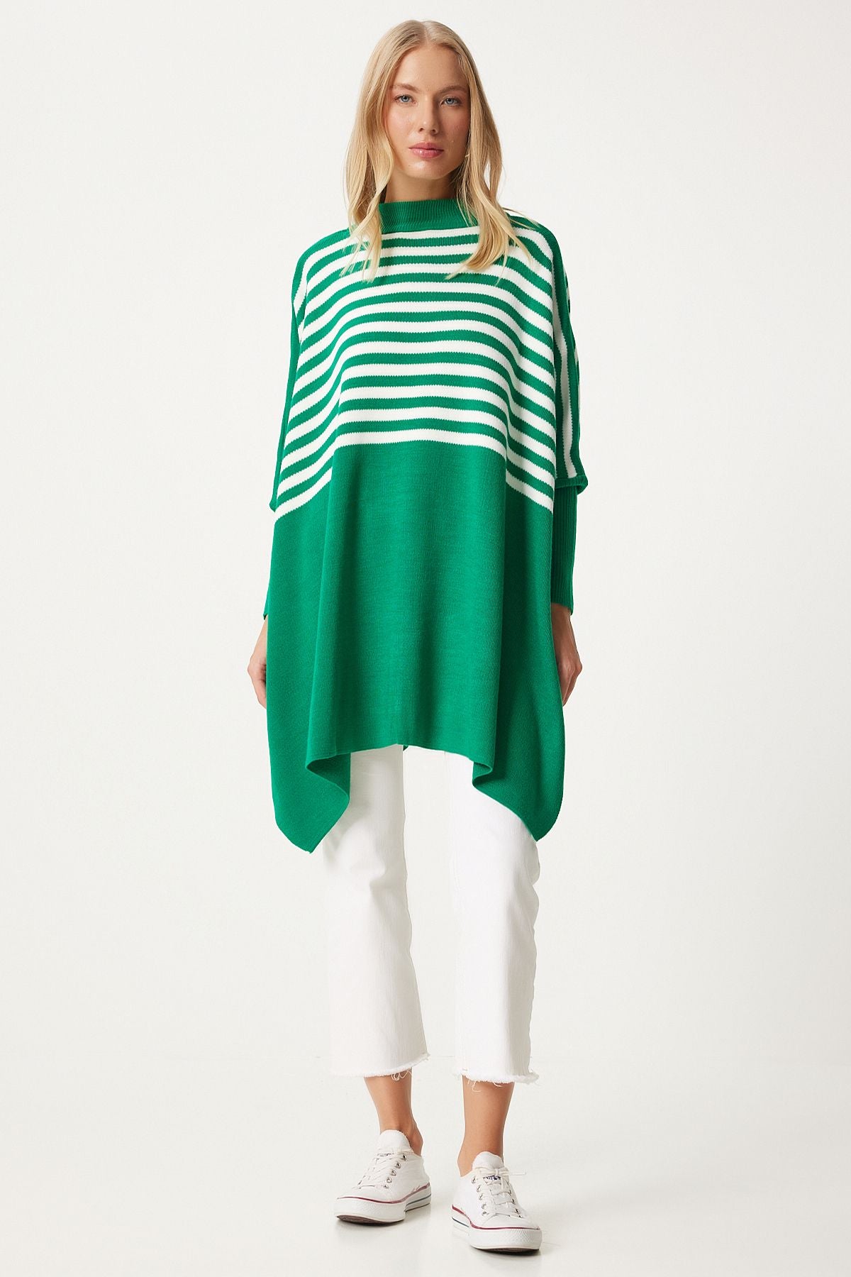 Women's Green Striped Side Slit Oversiz Pancho Sweater DD01336