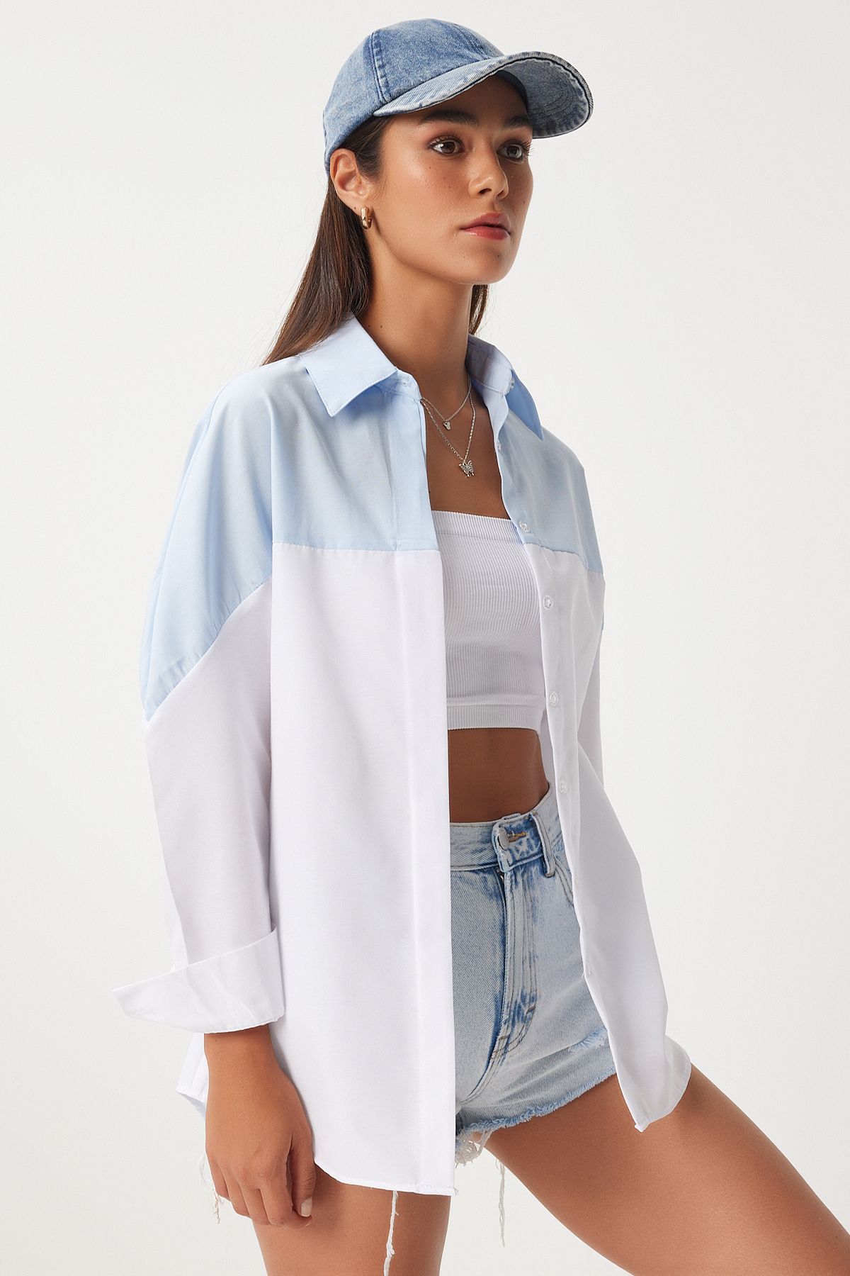 Woman Sky Blue White Block Color Boyfriend Shirt DD01306