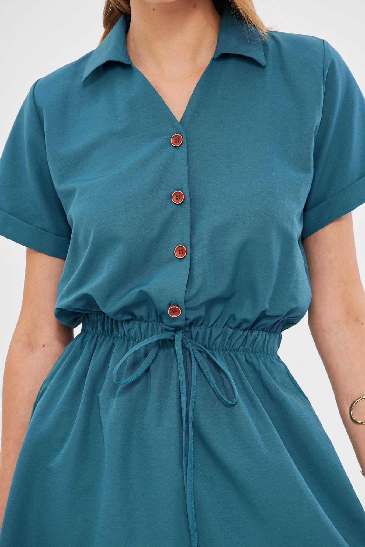 Female turquoise waist tire short sleeve shirt dress ARM-23Y001035