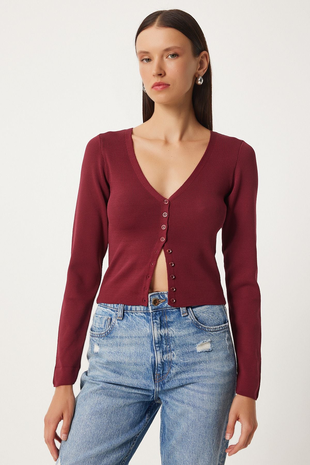 Female Bordeaux V -Yaka Knitwear Cardigan FN03356