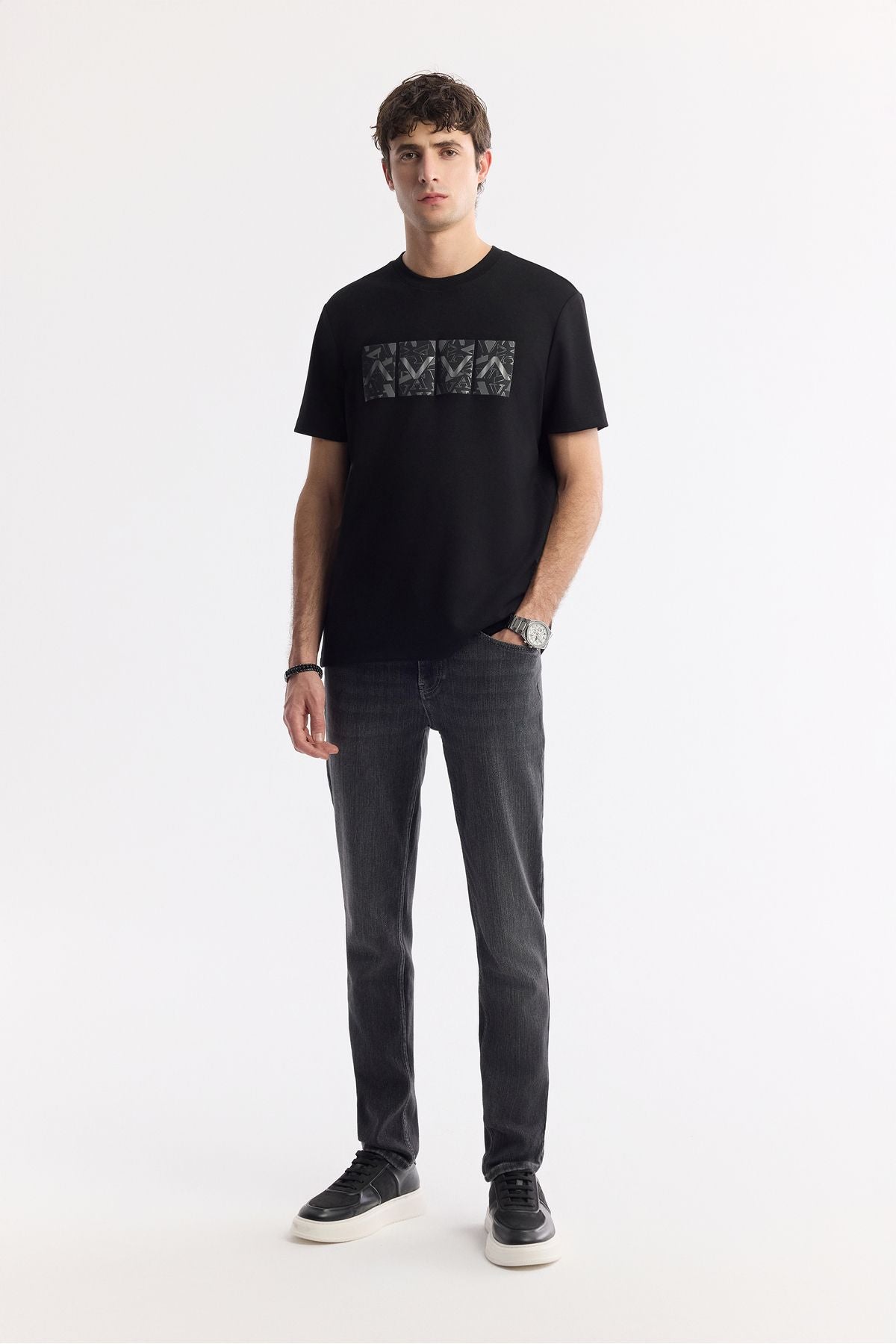 Men's anthracite stone washing knitted slim fit denim pants A51y3513