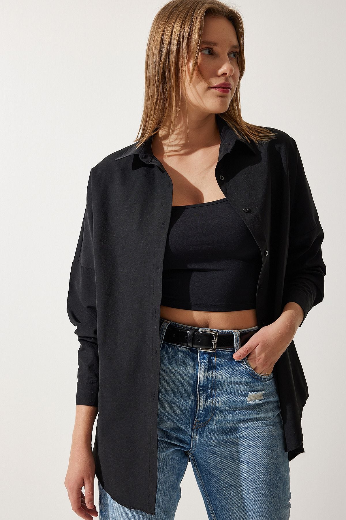 Woman Black Oversize Long Basic Shirt DD00842