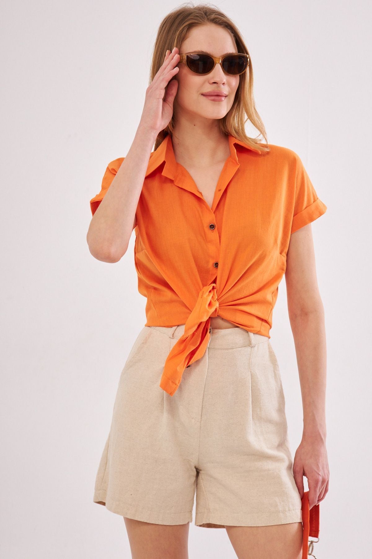 Women's Orange Short Sleeve Linen Shirt ARM-24Y001038