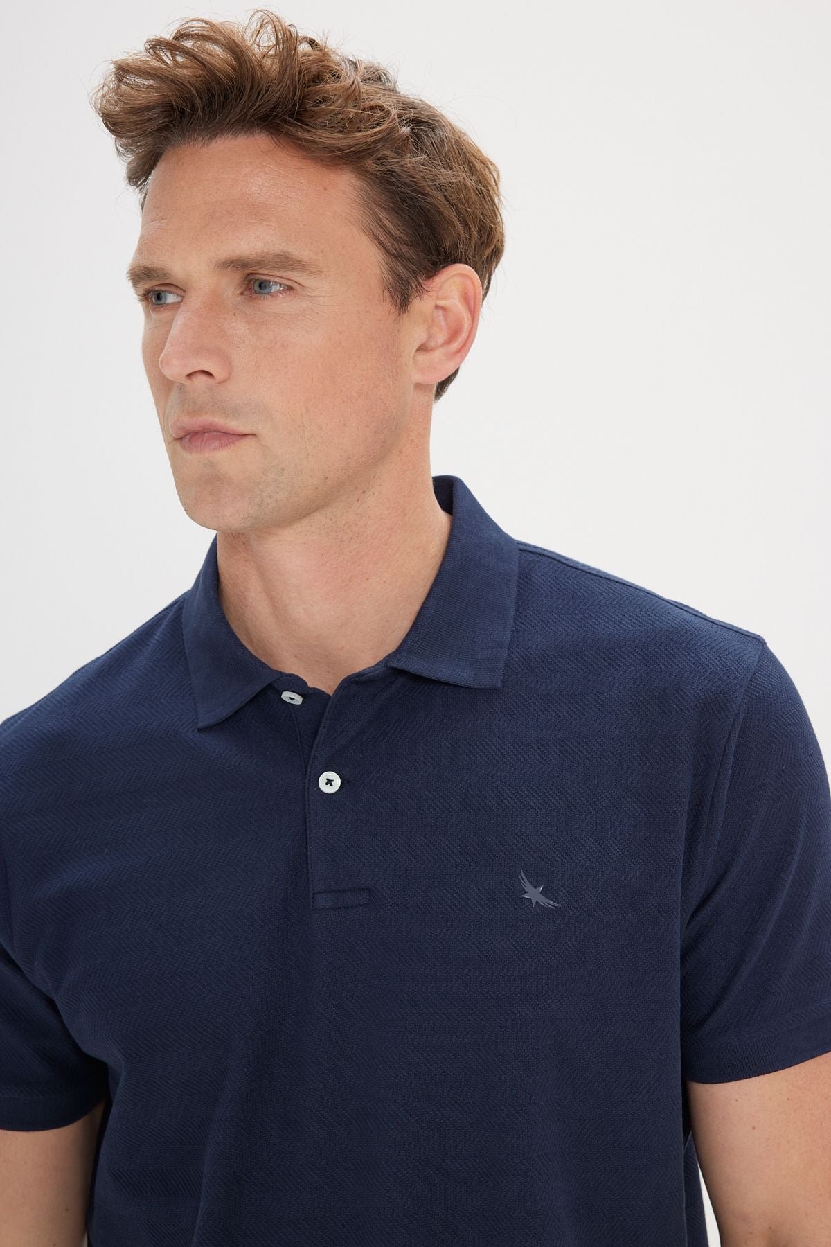 Men's Navy blue slim fit narrow cut 100 %cotton jacquard polo collar t -shirt